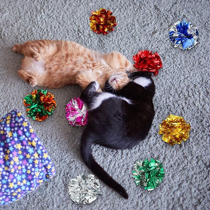 Silkfly 15 Pcs Polyester Film Crinkle Balls Cat Toys 2.36" Interactive Crinkle Ball, Colorful Balls Chew Toy for Cat Chase Ball Toys Attract Cats for Indoor Cats and Kittens to Keep Fit and Active