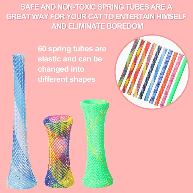 Leitee 60 Pcs Cat Spring Toys Kitten Tubes Indoor Interactive Chinese Finger Trap Cat Toys Plastic Coil for Pet Hunt Scratch(Random Colors)