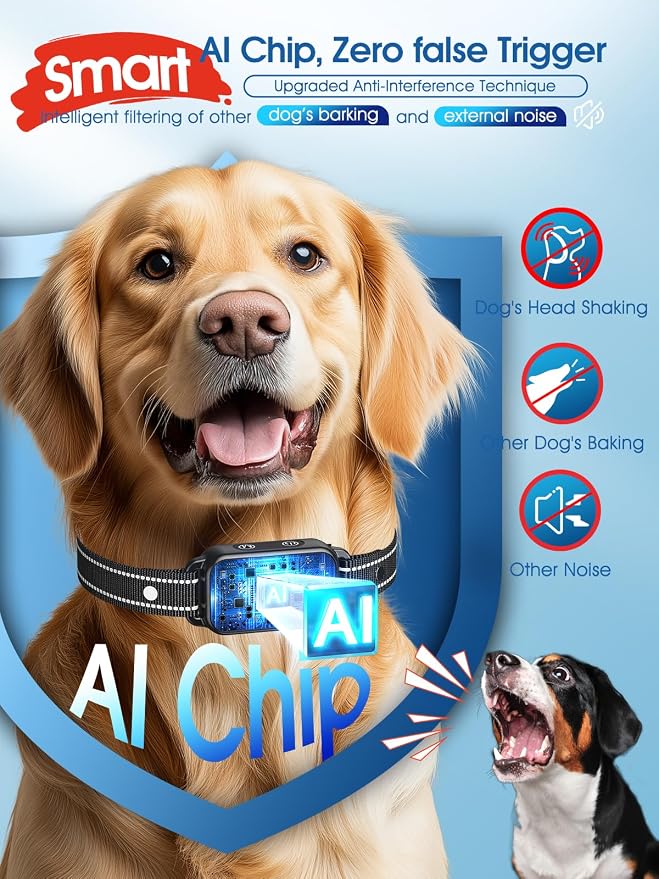 DINJOO Bark Collar for Large Medium Small Dogs - Smart AI 1S Stop Barking, Anti Barking Device & Dog Training Collar with Beep, Vibration & 8-Level Sensitivity, IP67 Waterproof - Pitch Black