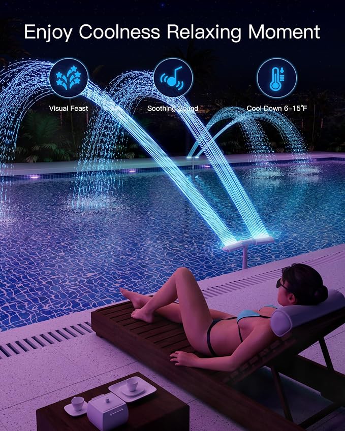 [Patented] 2026 Upgrade Higher Pool Fountain with Lights for Above Ground/Inground Pools, 360° Adjustable Water Sprinkler Dual High-Pressure Spray, Remote-Controlled, Waterfall Cooler (Gray)