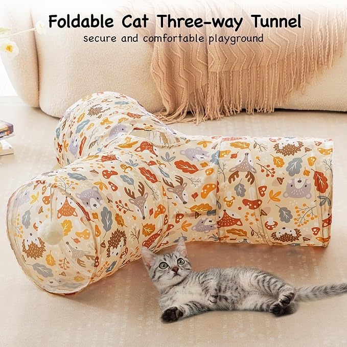 Tempcore Cat Tunnel for Indoor Cats, 3 Way Collapsible Pet Play Tunnel with Teaser Wand, Peek Holes & Hanging Ball, Interactive Tube for Kittens & Rabbits, Beige Deer