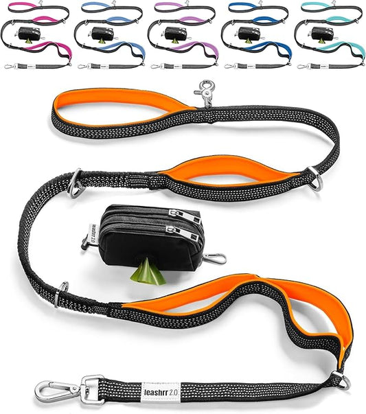 Heavy Duty Dog Leash for Large Dogs – 6FT Reflective Bungee with Padded Handles, Strong Carabiner Clip, No Pull Control for Medium & Large Breeds, Includes Poop Bag Holder & Treat Pouch (Orange)