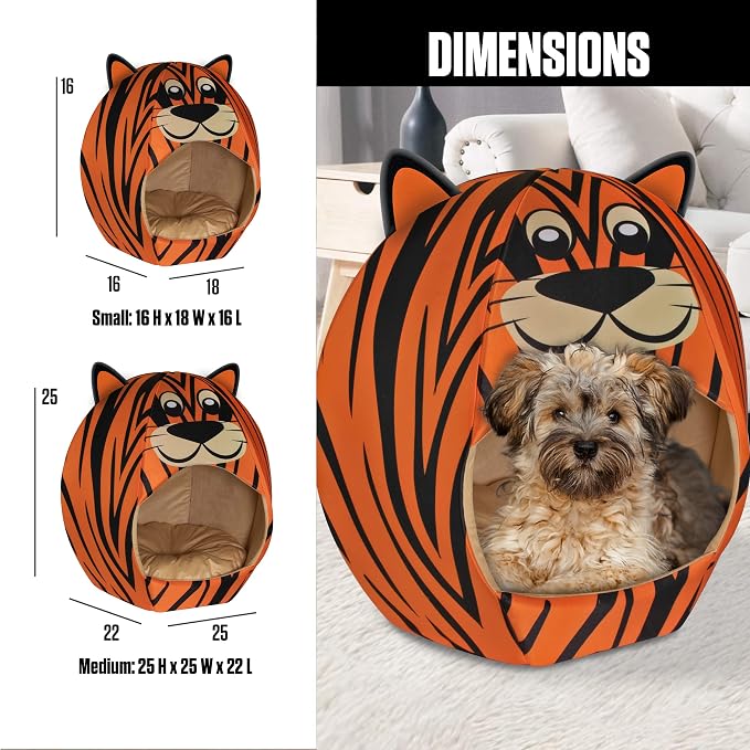 Maccabi Art Tiger Theme Dog Bed - Cute Igloo Style Pet Bet - Fits Small Dogs, Puppies, Cats - Pillow Insert with Plush Lined Interrior, Non-Slip Igloo Design - 16 x 16 x 18
