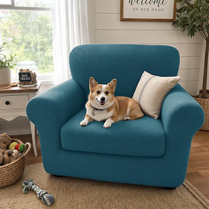 XINEAGE New 2 Pieces Chair Covers with Arms Super Stretch Chair Slipcover for Living Room Pet Dog Universal Slip Cover Anti Slip Armchair Furniture Protector (Peacock Blue), 31"-46"(1 Cushion)