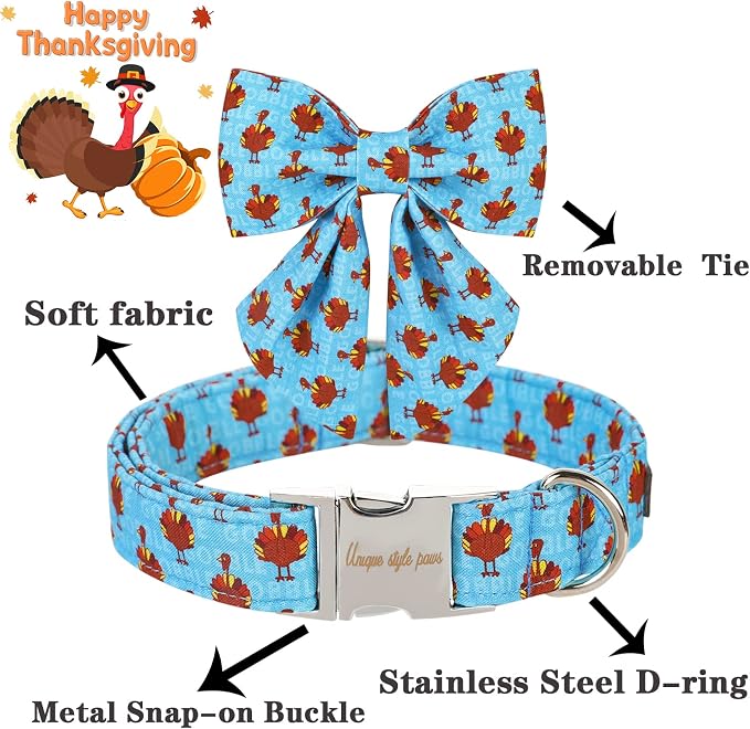 Unique style paws Thanksgiving Dog Collar with Bow Tie Blue Turkey Puppy Collar for Small Medium Large Dogs as Autumn Winter Pet Gifts-XL
