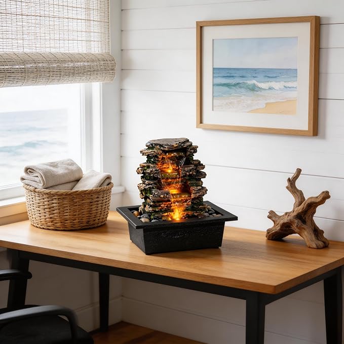 MAOCHI Tabletop Water Fountain, Home Décor Soothing Sound Machine with Automatic Pump, Deep Basin and Natural River Rocks. Indoor Zen Relaxation for Office, Living Room, or Bedroom Décor.
