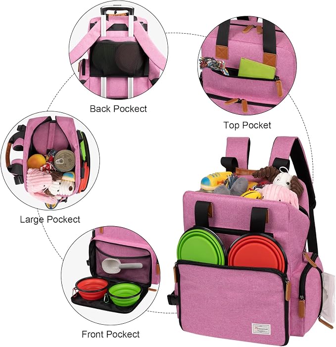 Modoker Dog Travel Bag, Airline Approved Backpack for Pet Accessories Organizer with 2 Food Storage, 2 Collapsible Bowls, Pink