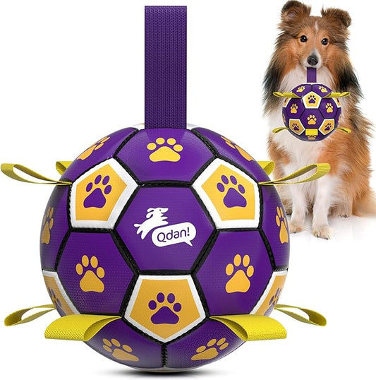 QDAN Dog Ropes Toys, Soccer Ball with Straps, Interactive Dog Toys for Tug of War, Dog Water Toy, Durable Balls for Medium Large Dogs（8 Inch）