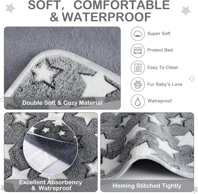 Reginary 4 Pcs Waterproof Guinea Pig Blankets Washable Small Animal Fleece Bedding Absorbent Guinea Pig Cage Liners Reusable Training Pee Pad Pet Sleep Mat for Hamster(Gray Star,24 x 16 Inch)