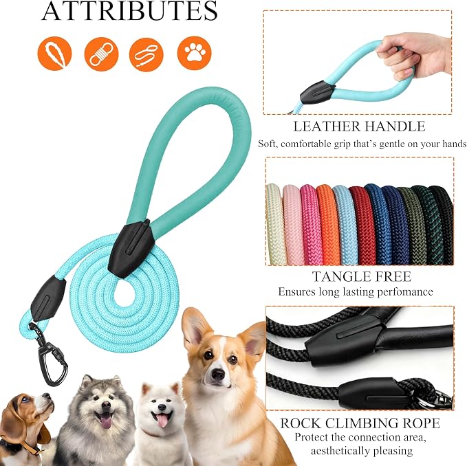 Small Dog Leash, 6ft Dog Leashes for Medium Dogs, Blue Leash, Rope Dogs Leashes, Strong Nylon Pet Lead, Pet Leather, Puppy Lead, Comfortable Leather Handle (Light Blue, 6 Feet)