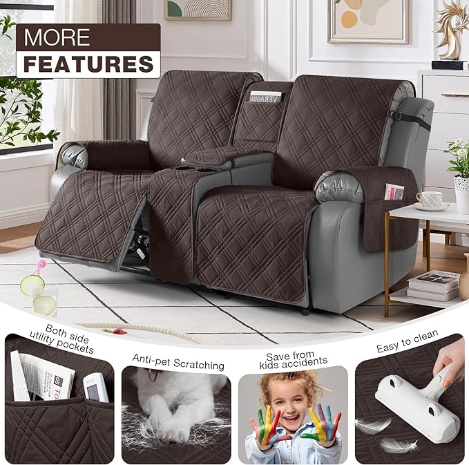 TAOCOCO Loveseat Recliner Cover with Center Console, 100% Waterproof Pet Cover for Dual Recliner with Straps Design, Split Reclining Loveseat Covers Furniture Pet&Kids Protector (2 Seater, Chocolate)