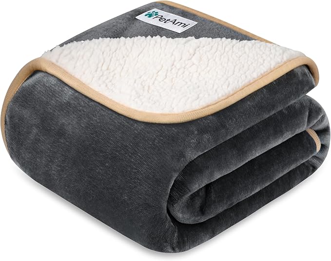 PETAMI Sherpa Fleece Waterproof CAT and Dog Blanket, Gray/Beige, Small