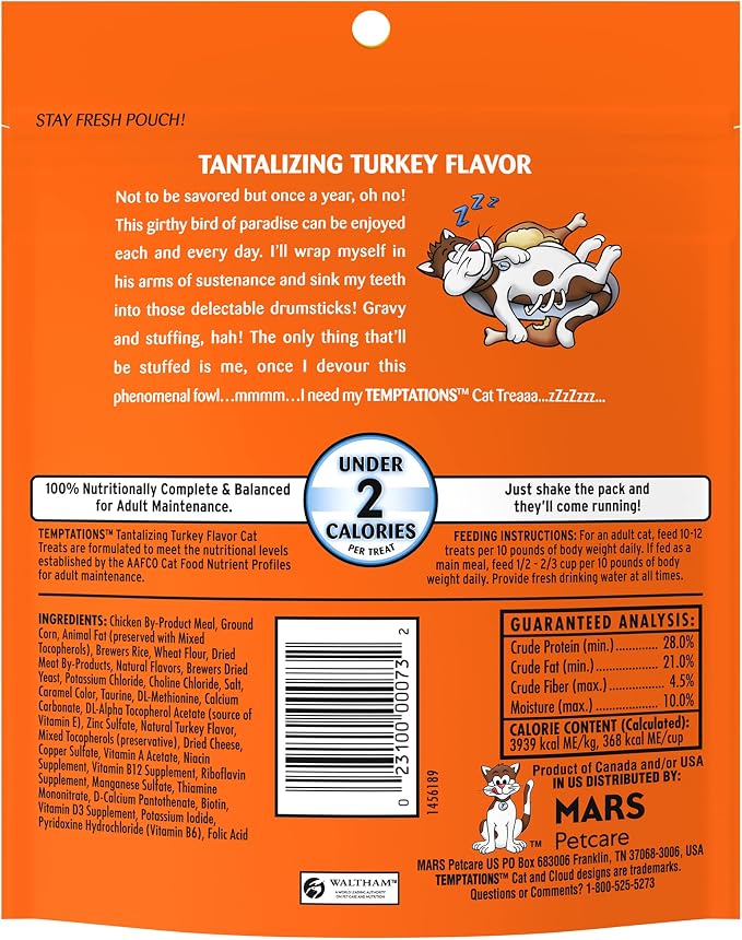 Temptations Cat Treats, Classic Crunchy and Soft Cat Treats, Tantalizing Turkey Flavor, 6.3 oz. Pouch (Pack of 10)
