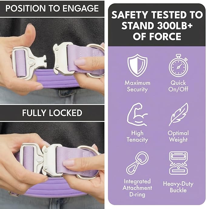 Spark Paws Tactical Dog Collar - Heavy Duty, Premium Quality, Thick and Durable for Large and Medium Dogs - Purple - L - 1.5"