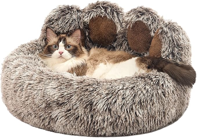 Jiupety Paw Shape Calming Pet Bed, Plush Faux Fur Donut Bed for Dogs & Cats, Machine Washable, Non-Slip Bottom, Medium (22"×22"×6"), Gray