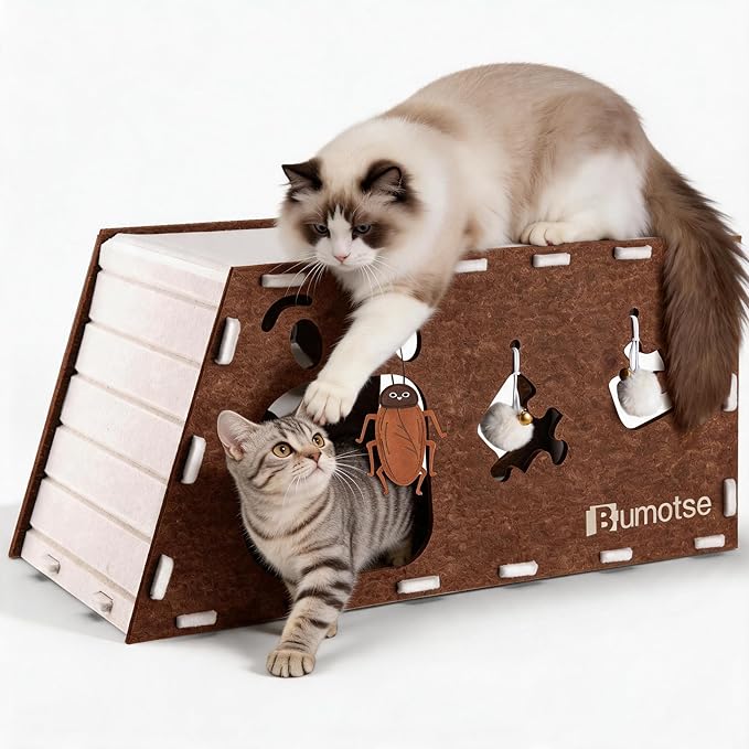 Felt Cat Bed Cave for Indoor Cats, Modular Tunnel Hideaway House for Large Cats Up to 22LB, Cozy Washable Felt Cat Condo for Sleeping, Playing & Hiding, Coffee