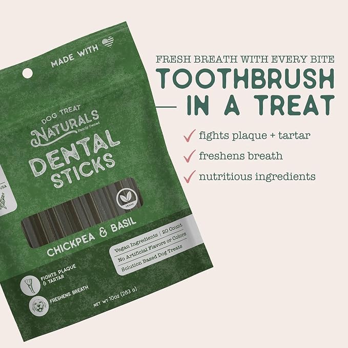 Dog Treat Naturals Chickpea & Basil Dental Sticks 10oz, 20ct | Dog Dental Chew Treats for Small, Medium, Large Dogs | Freshen Breath, Fight Plaque-Tartar | Natural Teeth Cleaning Treats | USA Made