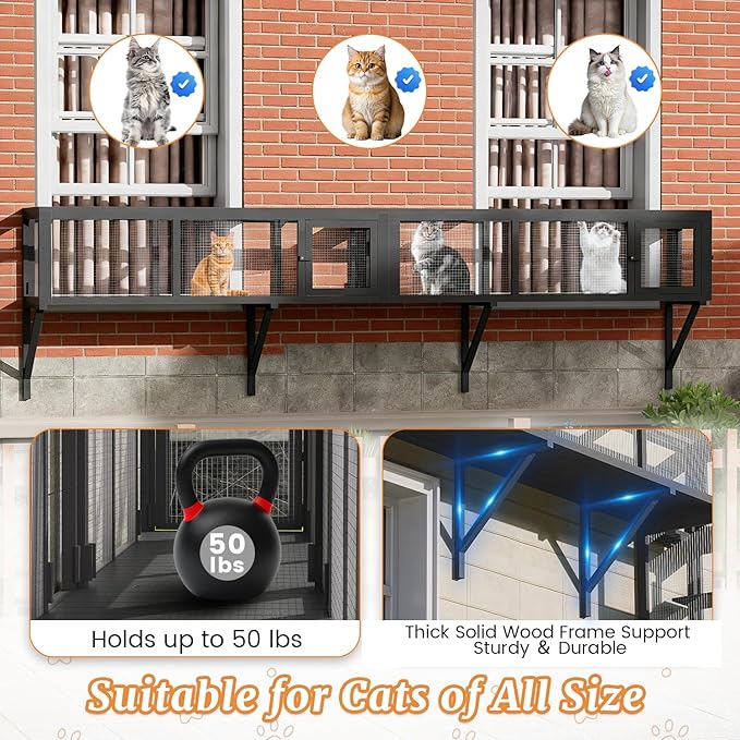 Outdoor Cat Tunnel with Extendable Design, Catio Enclosure Window Box Connecting Inside and Outside，Expandable Space and Channels, Paradise for Sunbathing and Running (Grey, 1-Pack)