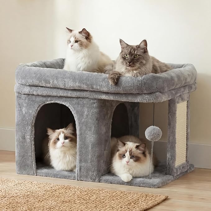 Heybly Cat Tree, 14 inch Cat Tower with Large Perch Bed and Cat Condo for Indoor Cats Large Adult, Cat House with Scratching Posts and Interactive Spring Balls for Your Kittens, Light Gray HCT203SW