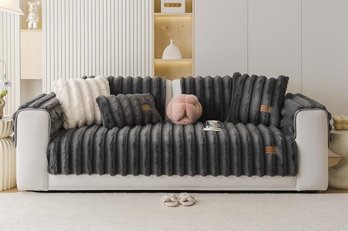 Fuzzy Rabbit Plush Sofa Cover Thick Soft Fur Sectional Couch Cover Furry Fluffy Cushion Cover Non-Slip Sofa Slipcovers Vertical Stripe Furniture Protector for Dogs Cats(Dark Grey,28"x70")