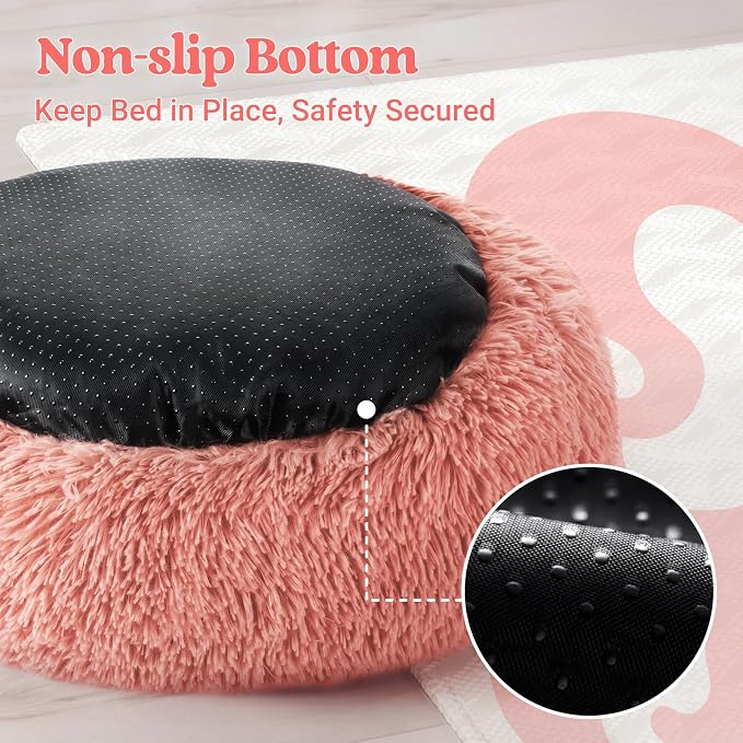 rabbitgoo Cat Beds for Indoor, 20 inches Machine Washable, Fluffy Round Pet Bed Non-Slip, Calming Soft Plush Donut Cuddler Cushion Self Warming for Small Dogs Kittens, Light Pink, Medium