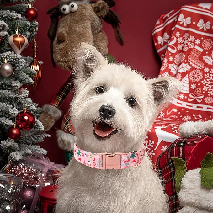 Christmas Dog Collar for Giant Large Dogs - Adjustable Pink Christmas Collars for Dogs with Cute Santa&Tree Print, Heavy-Duty Winter Cotton Puppy Collar with Metal Buckle XL