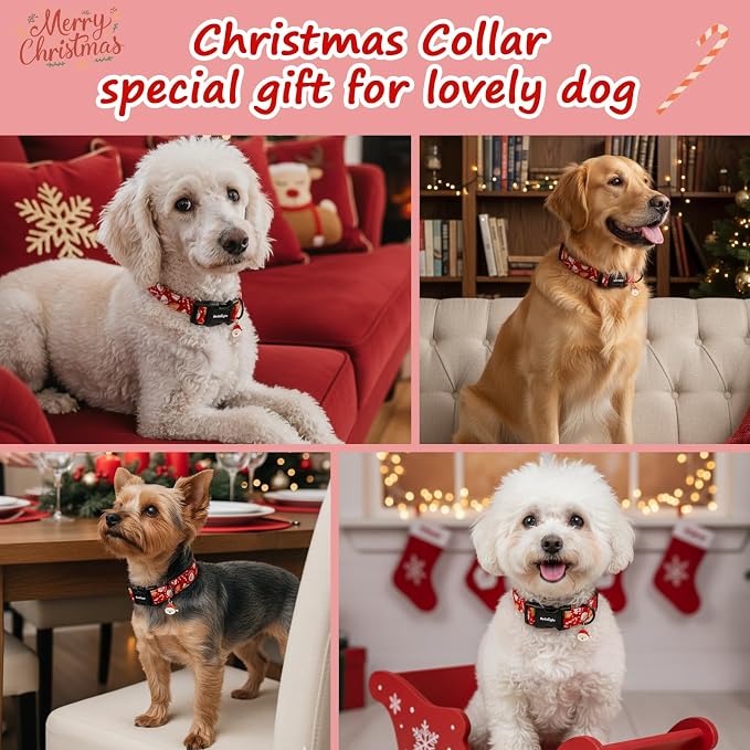 Christmas Dog Collar for Medium Dogs, Red Dog Collars with Santa Socks Gingerbread, Adjustable Cotton Puppy Collar, Dog Christmas Collars Festive Collar Perfect for Photos