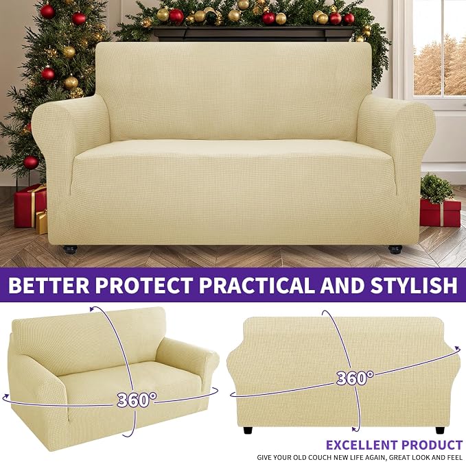 ZNSAYOTX Super Stretch Couch Cover Love Seat Sofa Covers for Living Room Dogs Pet Friendly Furniture Protector Spandex Loveseat Slipcovers with Anti Slip Foam Sticks (Beige, Medium)
