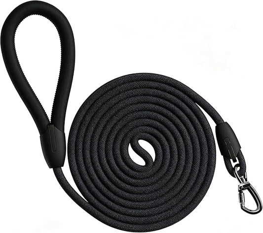 Rope Dog Leash, |Comfortable Leather Handle, Resistant to Dirt and bite | Strong Nylon Pet Lead for Small, Medium, Large Dogs (Black, 6 FEET)