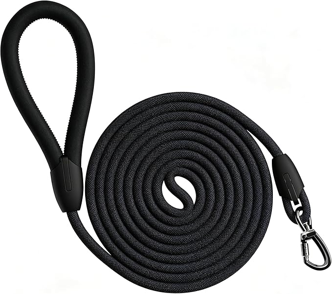 Rope Dog Leash, |Comfortable Leather Handle, Resistant to Dirt and bite | Strong Nylon Pet Lead for Small, Medium, Large Dogs (Black, 5 FEET)