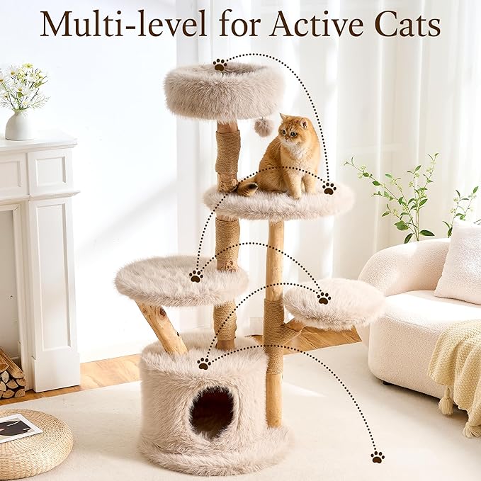 HITTITE Natural Wood Cat Tree Tower with Scratching Post, 56.8 Inches Tall Modern Cat Tower with Cozy Bed and Condo, Luxury Real Branch Cat Tree for Indoor Cats Large Adult, Khaki.