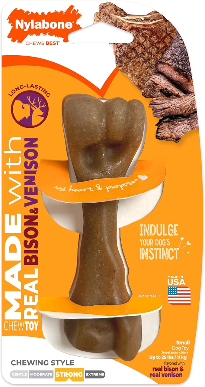 Nylabone Strong Chew Femur Bone Dog Toy Made with Real Bison & Venison, Durable Chew Toys for Aggressive Chewers, Long Lasting Dog Bone, Keeps Dogs Busy, Small Breeds - Up to 25 lbs