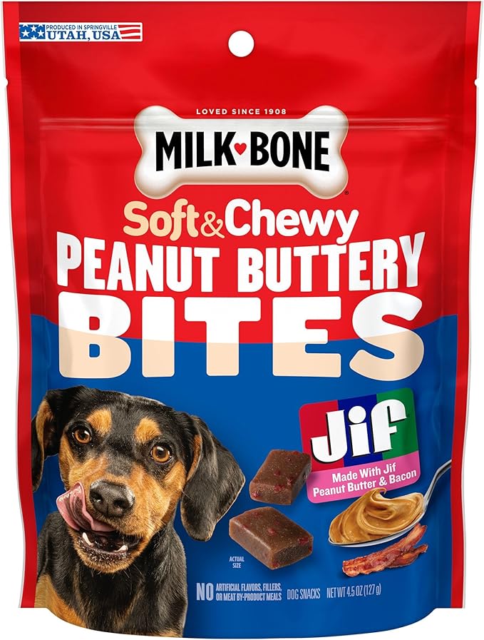 Milk-Bone Peanut Buttery Bites, Soft Dog Treats with Jif Peanut Butter & Real Bacon, 4.5 Oz. Bags