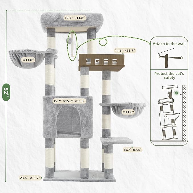 Gitelsnour Cat Tree for Indoor Cats Large Adult, Heavy Duty Cat Tree for Large Cats 20 lbs+, Cat Condo with Big Wooden Perch, Cat Tower with 14 Scratching Posts, Hammock, Light Gray GCT023W