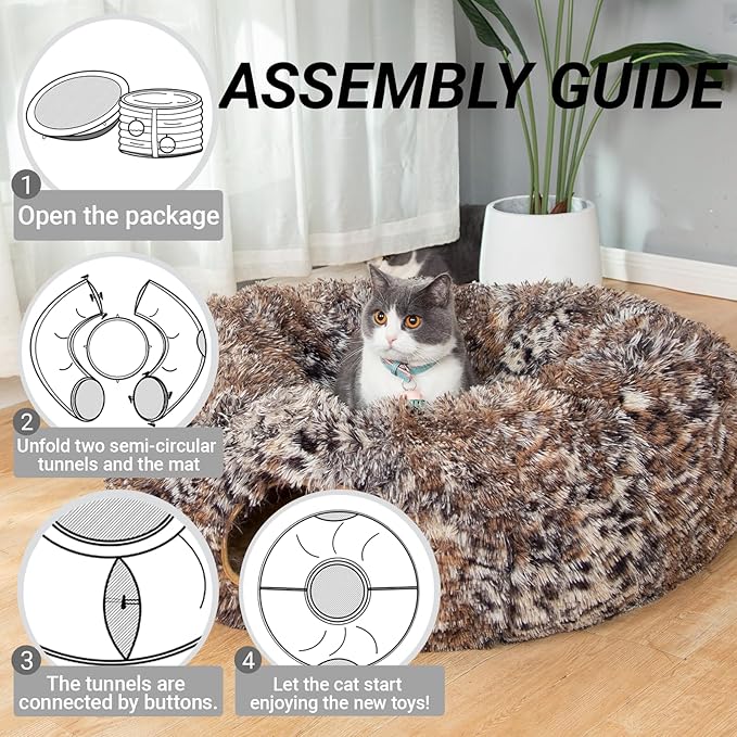 Warm Fluffy Plush Cat Tunnel Bed with Washable Cushion- Big Tube Playground Toys 3 FT Diameter Collapsible, for Indoor Cat Kitty Kitten Puppy Rabbit Ferret Leopard Print