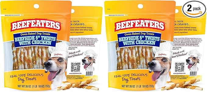 Beefeaters Dog Treats - Beefh 5in Twist with Chicken 26oz | Dog Food High Protein, Low Fat, Enriched with Vitamins & Minerals | Promotes Clean Teeth | Dog Training Treats for All Dog Sizes (Pack of 2)