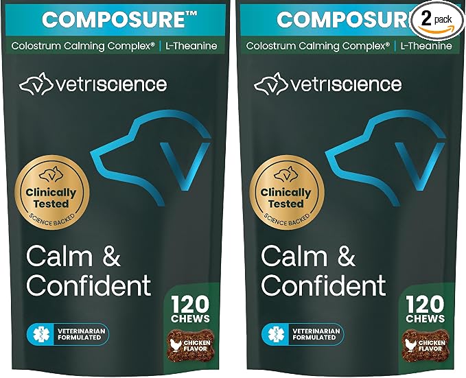 VetriScience Calm & Confident Chews, Composure Clinically Tested Calming & Anxiety Supplement for Dogs, Reduce Stress and Fear, Ideal for Thunderstorms, Fireworks & Travel 120 Count (Pack of 2)