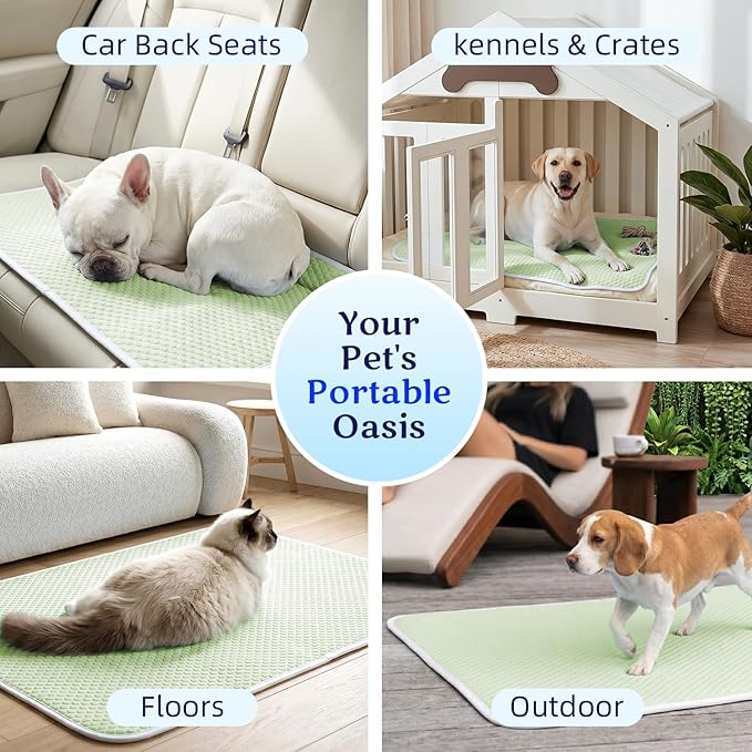 Mora Pets Dog Cooling Mat Instant Self Cooling Pad for Dogs & Cats Breathable Washable Summer Pet Cool Mat Indoor Outdoor, Puppy Cold Blanket for Floor Crate Car Travel Use Medium 36'' x 27'' Green