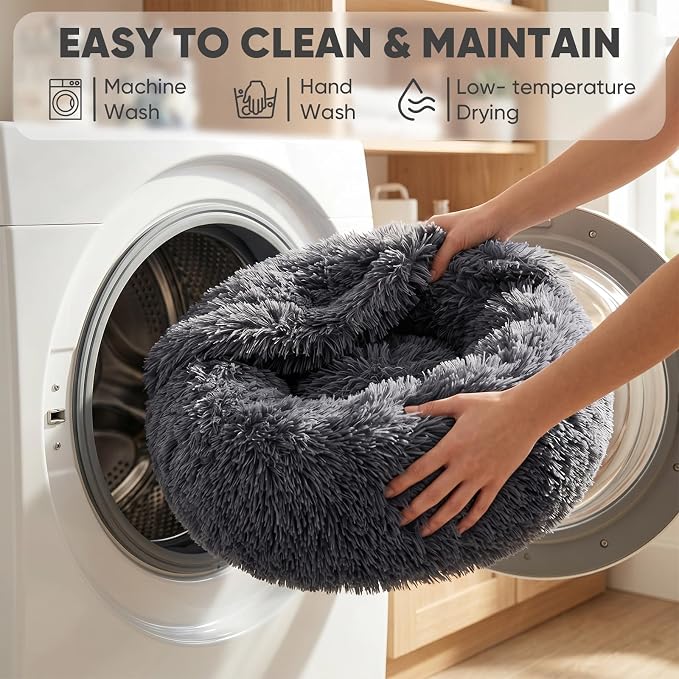 Himax Medium Dog Bed, Round Dogs Beds with Blanket Attached, Comfort Fluffy Calming Dog Bed Washable (20"/26"/35") Deep Grey