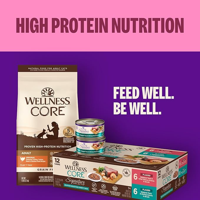 Wellness CORE Signature Selects Shredded Adult Canned Wet Cat Food, Natural, Protein Rich, Grain Free, Chicken and Lamb Entrée Recipe, 5.3 oz, Pack of 12 Cans