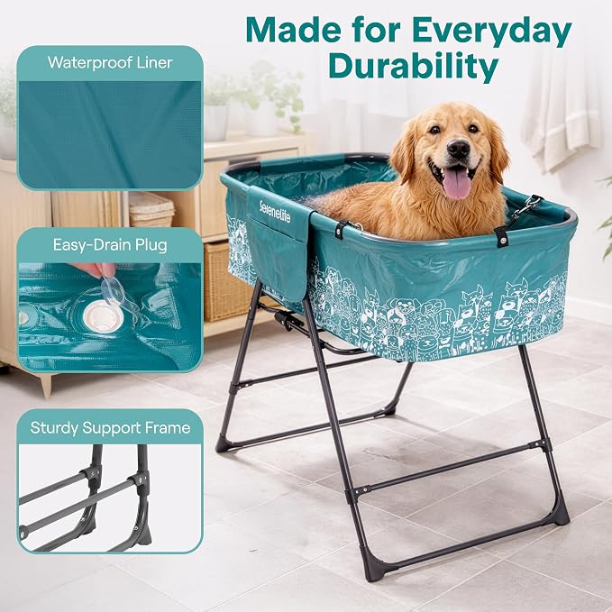 SereneLife Foldable Dog Bath Tub with Adjustable Height, 360° Access, Drain Hose & Storage Pockets – 130 lb Capacity Grooming Station for Indoor/Outdoor Use (Blue)