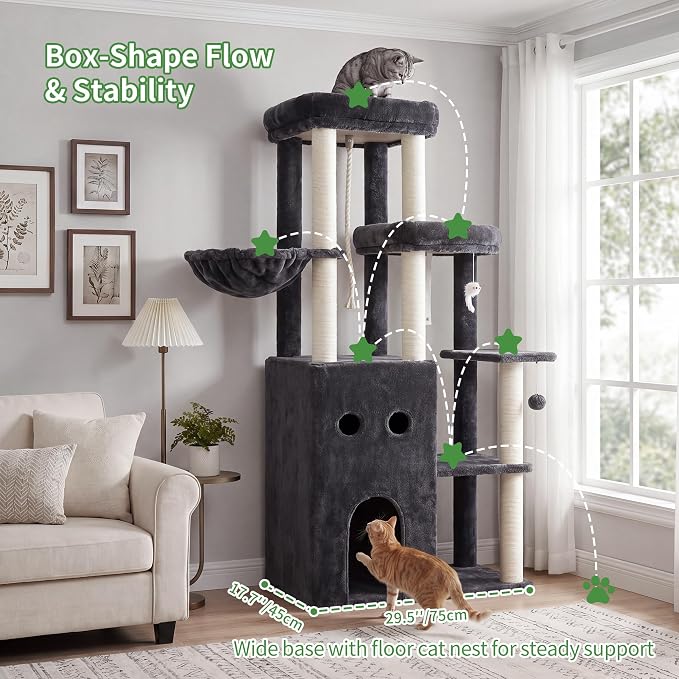 Heybly Cat Tree, 59.4" Secure Anti-Tip Cat Tower for Large Cats, Spacious Cat Furniture with Dual-Tier Cat Condo, 2 Top Perches, Hammock and Sisal Scratching Posts, Smoky Gray HCT055G