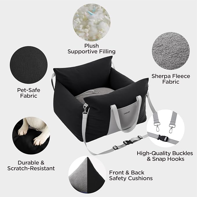 Lesure Small Dog Car Seat for Small Dogs - Waterproof Dog Booster Car Seat with Storage Pockets, Clip-On Safety Leash and Thickened Memory Foam Filling, Pet Carseat Puppy Travel Carrier Bed, Black