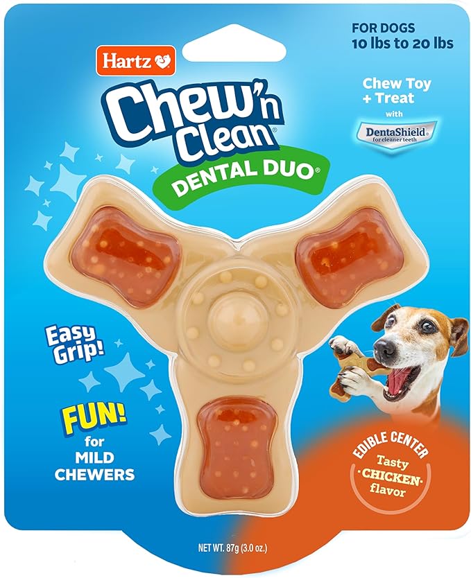 Hartz Chew ‘n Clean Chew Toy and Treat in One Chicken Flavored Tri-Point Dog Toy, Small
