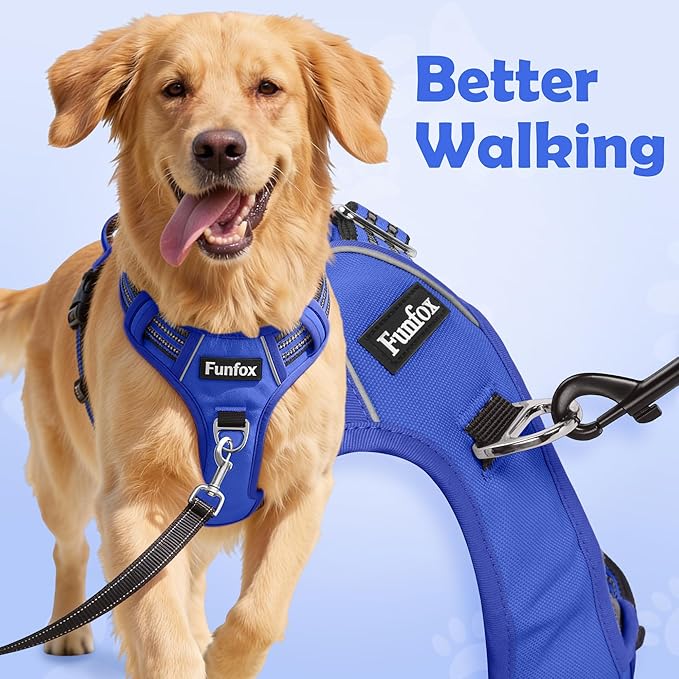 Funfox Dog Harness No Pull, Adjustable Pet Vest Harness, Super Soft Material with Vertical Handle Easy Control, Reflective Night Walking, 2 Leash Clips for Medium Sized Dogs, Blue, M