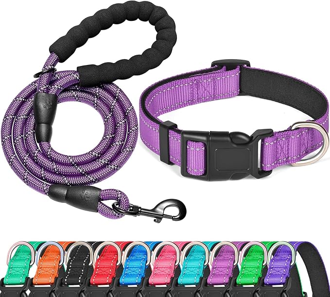 Ladoogo Reflective Dog Collar Padded with Soft Neoprene Breathable Adjustable Nylon Dog Collars for Small Medium Large Dogs (Large (Pack of 1), Purple Collar+Leash)
