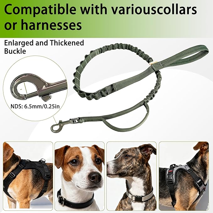 FOVRLZSE Reflective Bungee Dog Leash for Small Medium Large Dogs - 4FT to 5FT Adjustable Shock Absorbing Leash with Double Padded Handle & 360 No Tangle Metal Clasp (Olive Green)