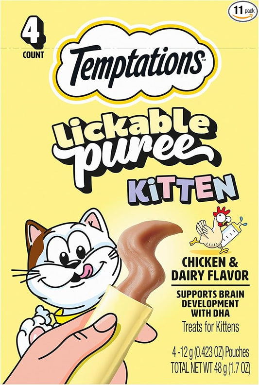 Temptations Puree Kitten Cat Treats Lickable, Chicken & Dairy Flavor, 4 Pouches (Pack of 11)