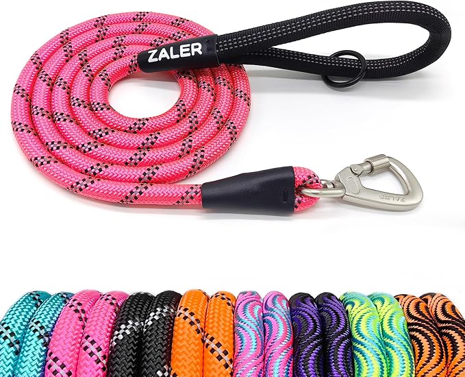 ZALER Rope Dog Leash, 4/5/6/10/15/20/30/50 Foot Reflective Dog Leashes with Carabiner, Heavy Duty Pet Lead for Large and Medium Dogs (6FT, Pink)