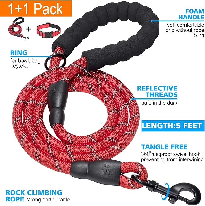 Ladoogo Reflective Dog Collar Padded with Soft Neoprene Breathable Adjustable Nylon Dog Collars for Small Medium Large Dogs (Medium (Pack of 1), Red Collar+Leash)